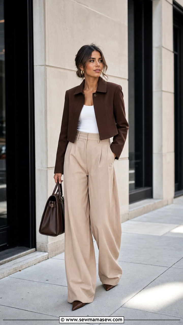 Chocolate brown cropped jacket outfit - 25 spring chocolate brown outfit ideas