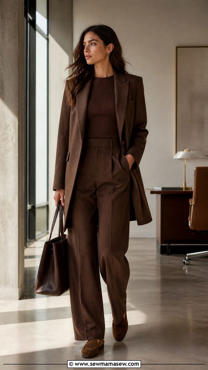 Chocolate brown head to toe work outfit - 40 office outfits 2026