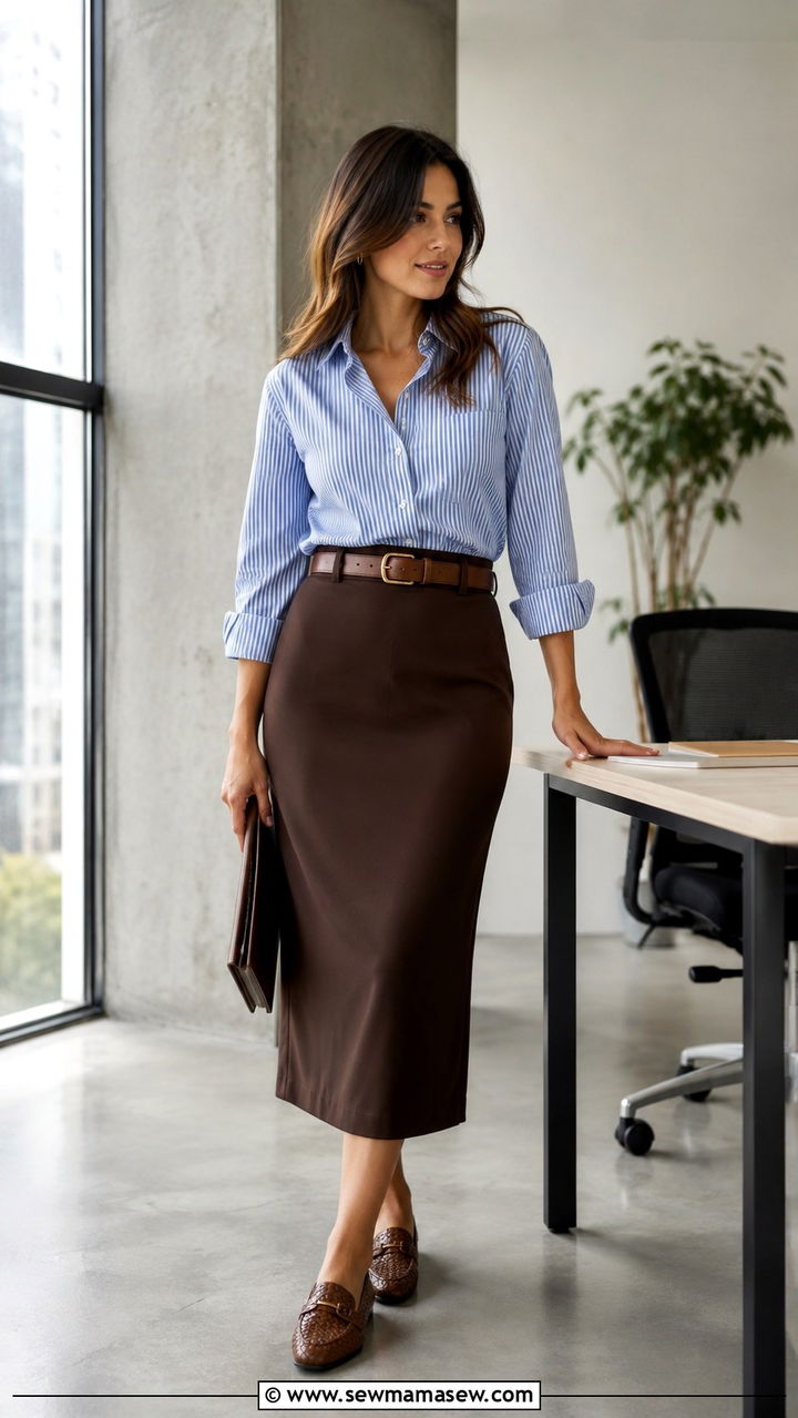 Chocolate brown high waist midi skirt with a blue striped poplin shirt and woven loafers - 25 Petite work outfit ideas with skirt