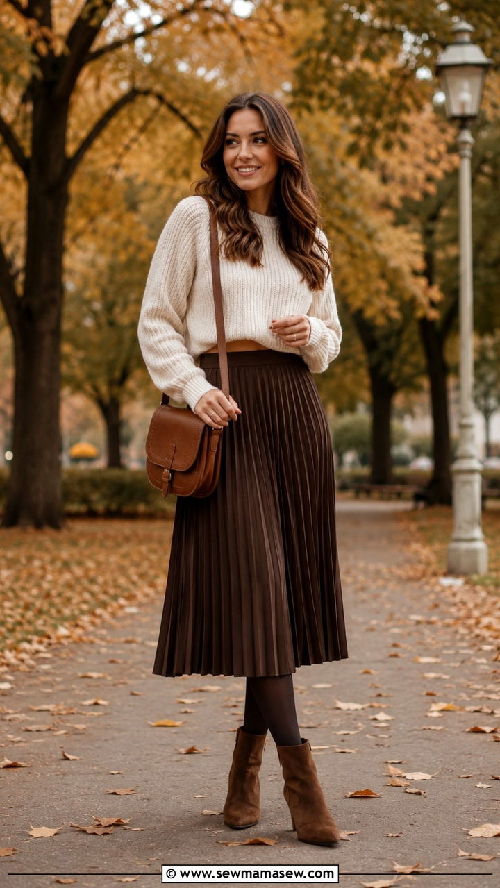 Chocolate brown pleated midi skirt with a knitted cropped sweater and ankle boots - 30 Pleated skirt outfit ideas with a crop top