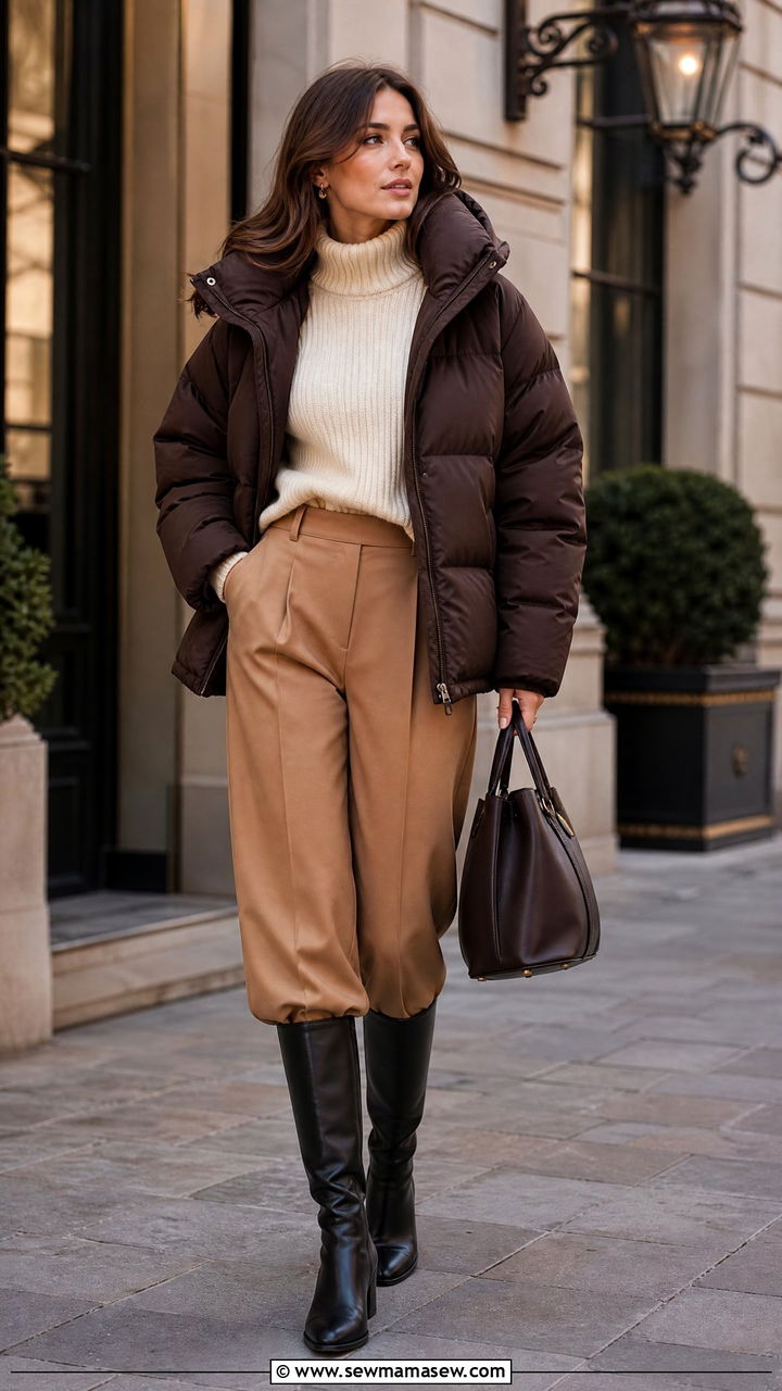Chocolate brown puffer jacket with camel trousers - 40 Puffer jacket outfit ideas
