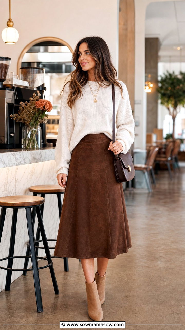 Chocolate brown suede midi skirt outfit - 25 spring chocolate brown outfit ideas