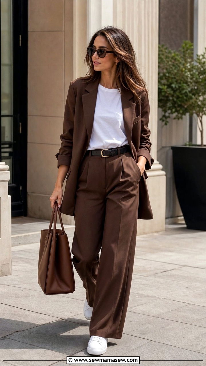 Chocolate brown suit with sneakers outfit - 25 spring chocolate brown outfit ideas