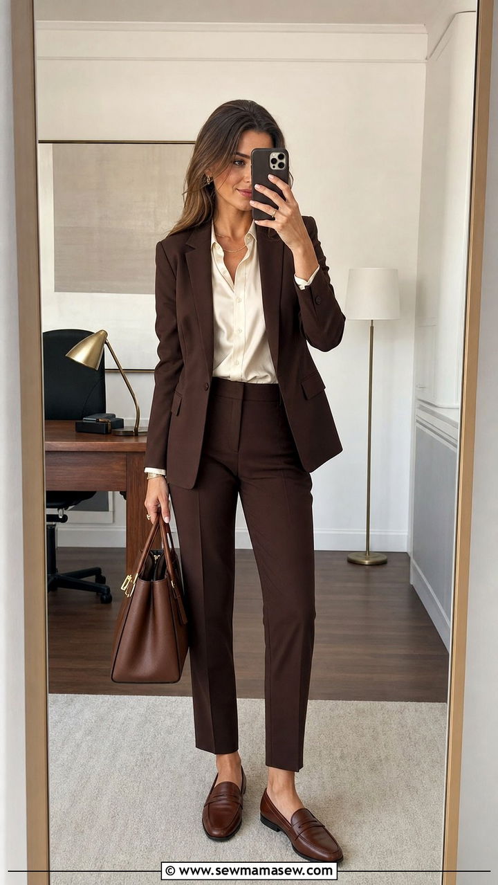 Chocolate brown tailored office outfit - 25 Corporate outfit ideas 2026