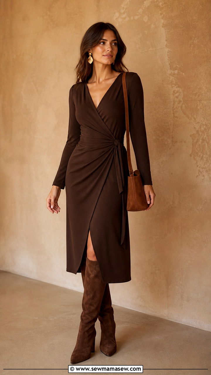 Chocolate brown wrap midi dress with knee boots - 40 elegant outfits