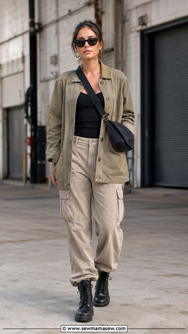Chore Coat Ribbed Tank Cargo Pants - 30 model off duty capsule wardrobe outfits