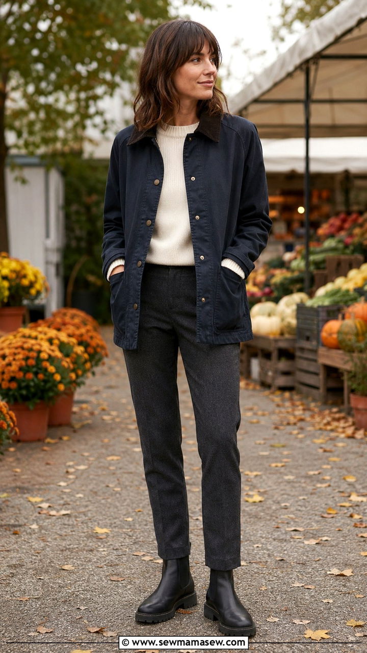 Chore Coat With Slim Trousers and Rubber Soled Boots - 30 rainy day outfits casual