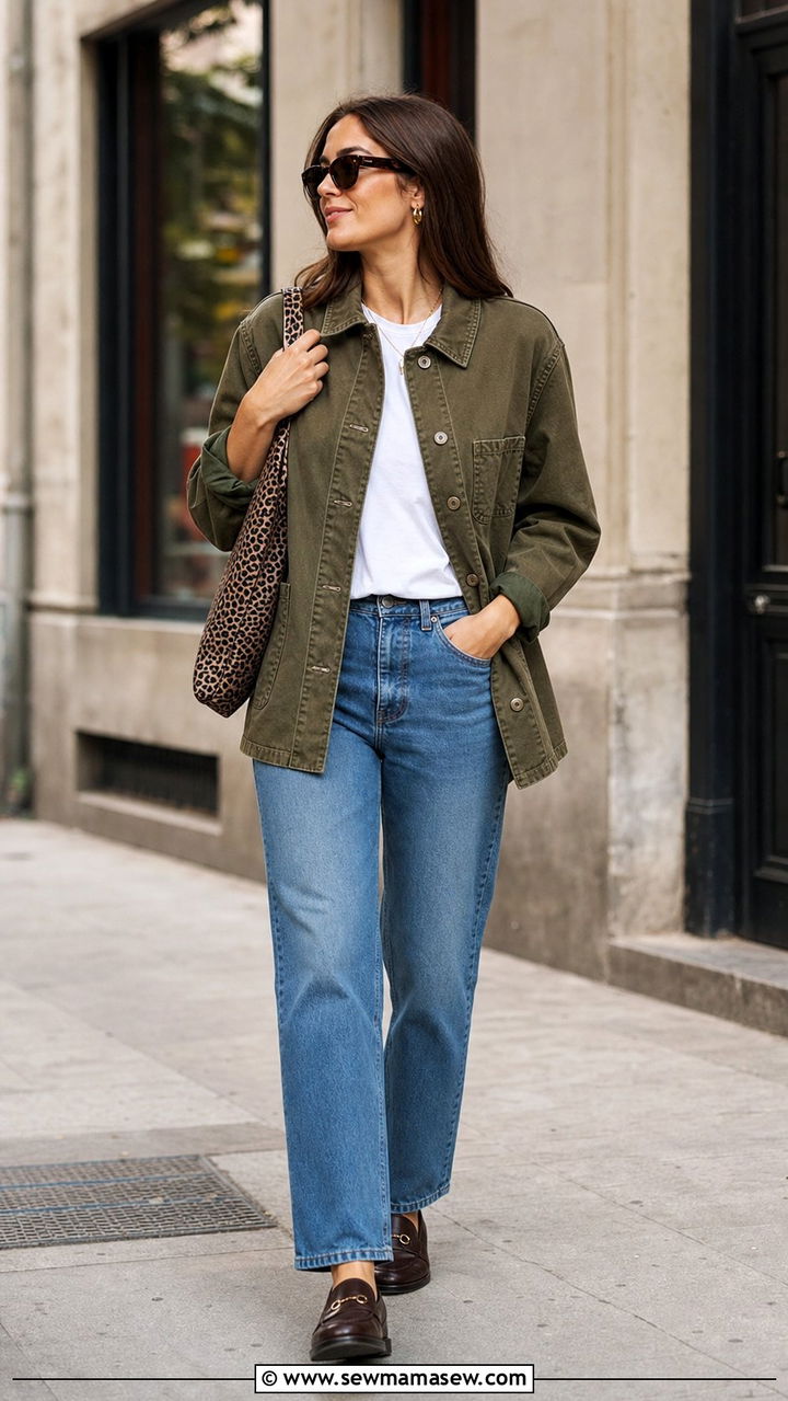 Chore Coat with White Tee and Straight Leg Jeans - 25 cute trendy outfits