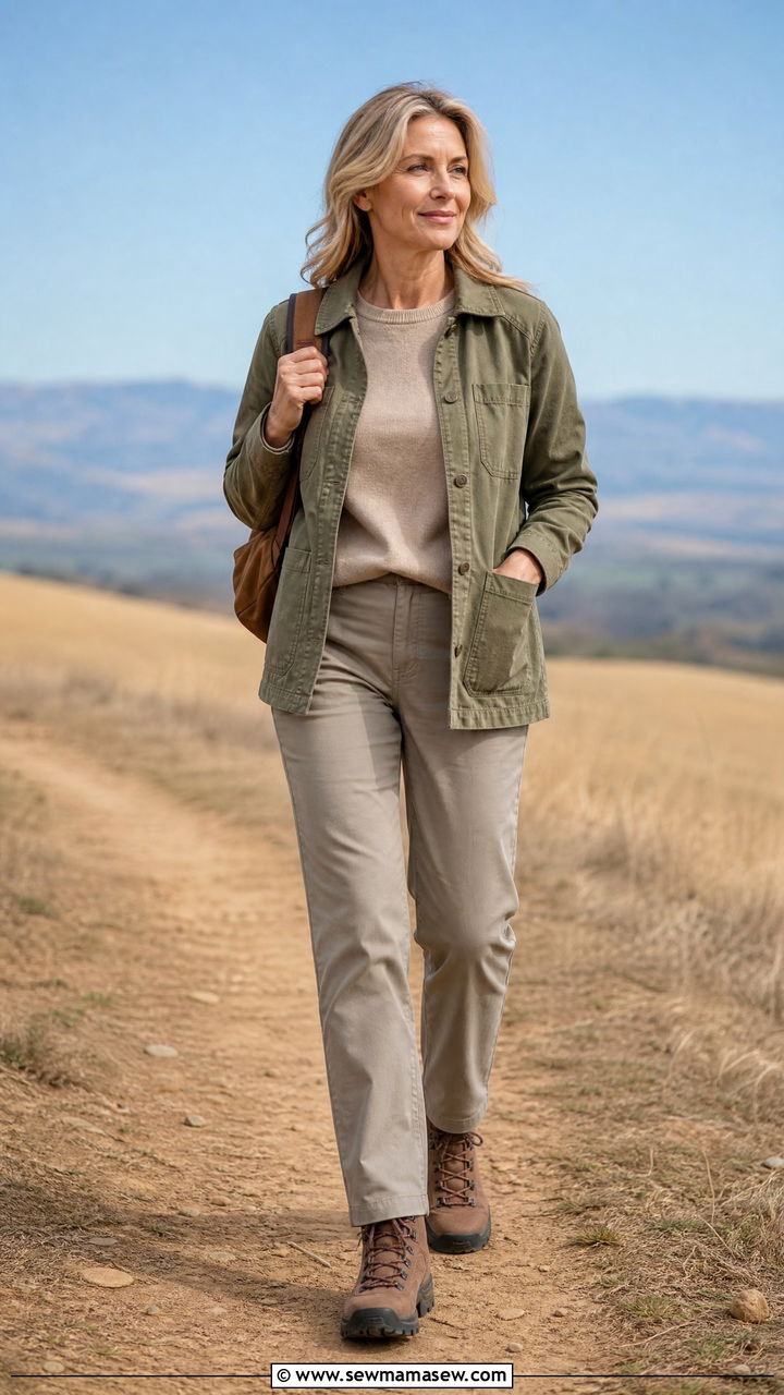 Chore Jacket With Straight Leg Hiking Pants - 30 Hiking outfit ideas for women over 40