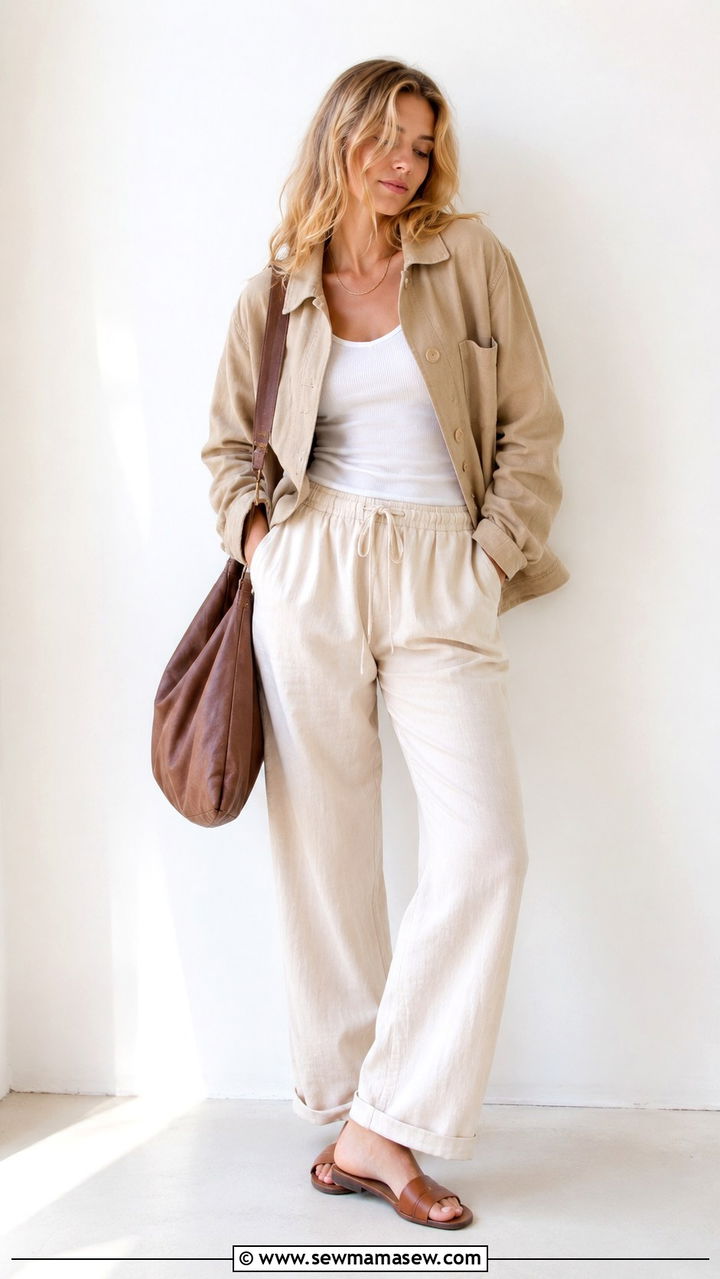 Chore Jacket With Tank Top And Relaxed Trousers - 20 Boho outfit ideas Dôen style