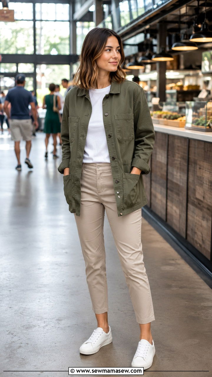 Chore Jacket With White Tee and Chinos Outfit - 20 Hospitality work outfit ideas