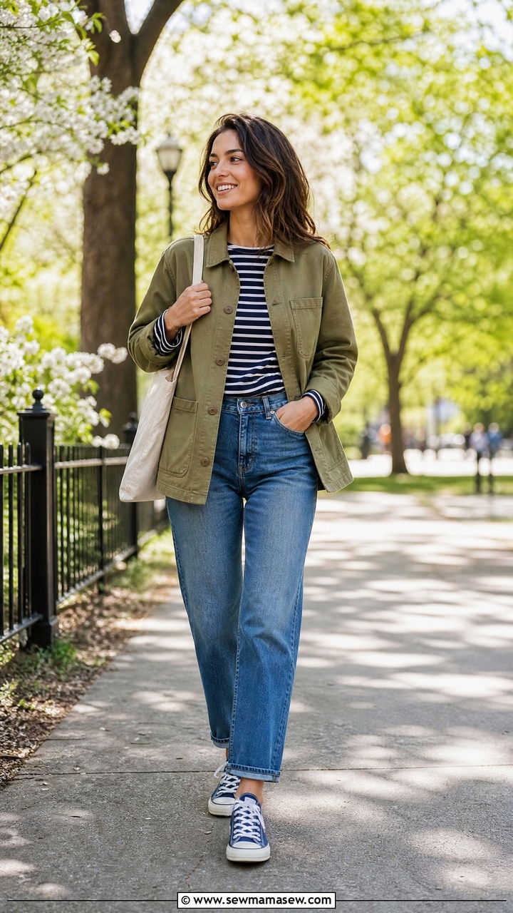 Chore Jacket with Striped Tee and Straight Jeans Outfit - 20 Spring outfits for 55 degree weather
