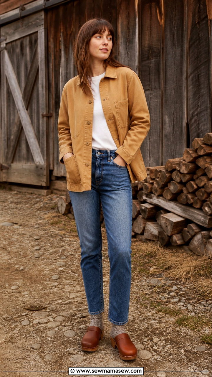 Chore coat with slim straight jeans and clogs - 40 spring casual outfit ideas
