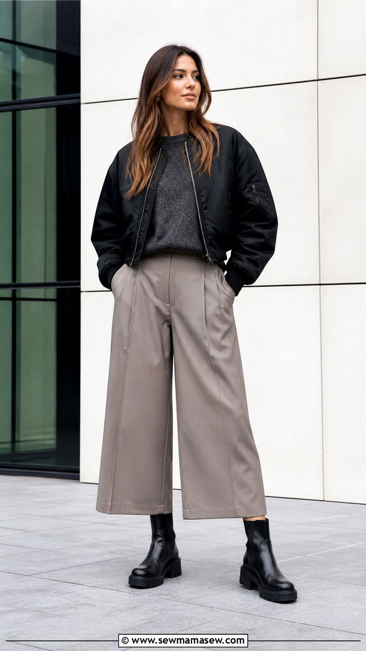 Chunky Ankle Boots with Wide Leg Culottes - 40 ankle boots outfit ideas