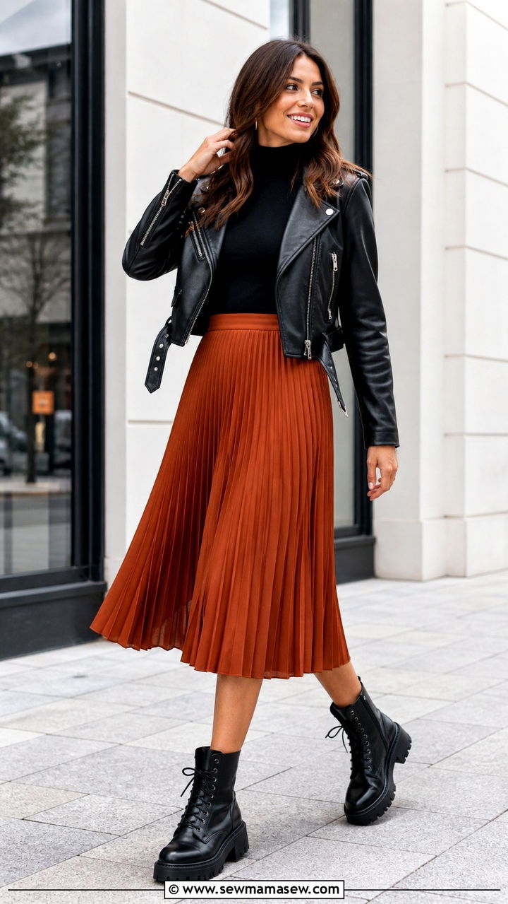 Chunky Ankle Boots with a Pleated Midi Skirt - 40 ankle boots outfit ideas