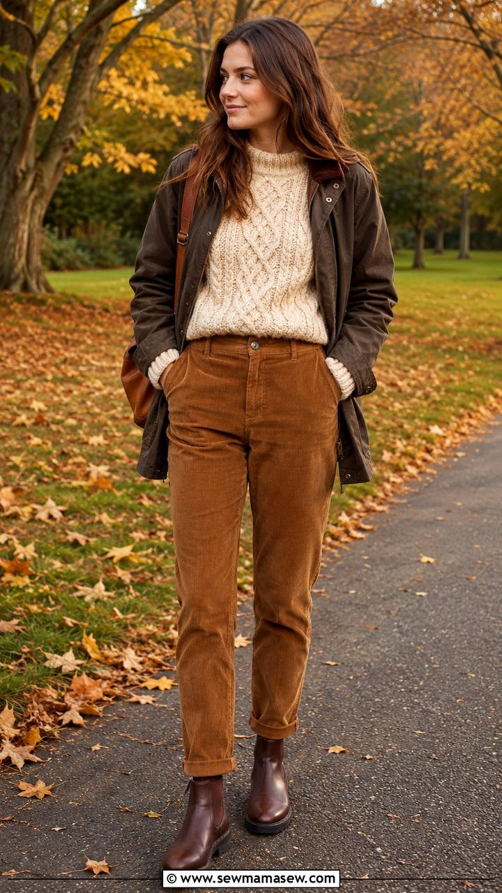 Chunky Aran sweater with corduroy pants - 25 Old money outfit ideas with Aran sweater