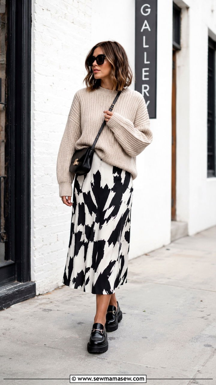 Chunky Beige Sweater with Abstract Print Midi Skirt - 25 Modest outfit ideas spring 2026