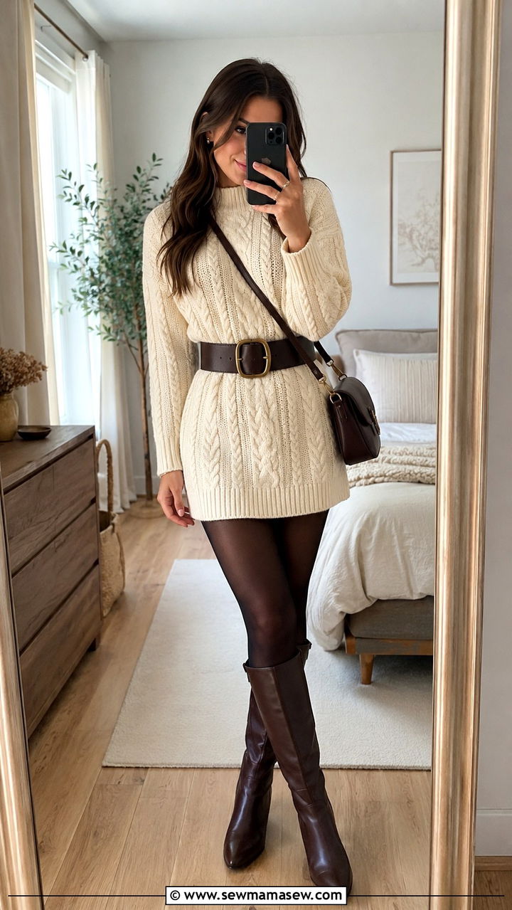 Chunky Belt With Knit Sweater Dress - 20 Chunky belt outfit ideas 2026