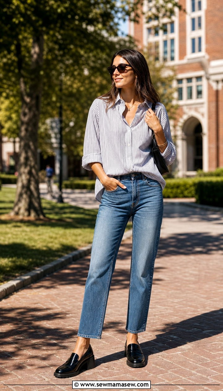 Chunky Block Heel Loafers with Straight Leg Jeans - 35 block heel outfit ideas