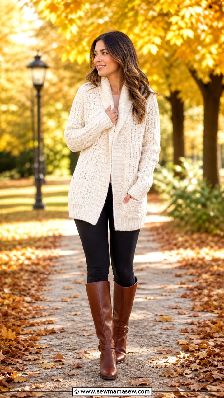 Chunky Cable Knit Cardigan with Leggings and Tall Boots - 40 casual cardigan outfits