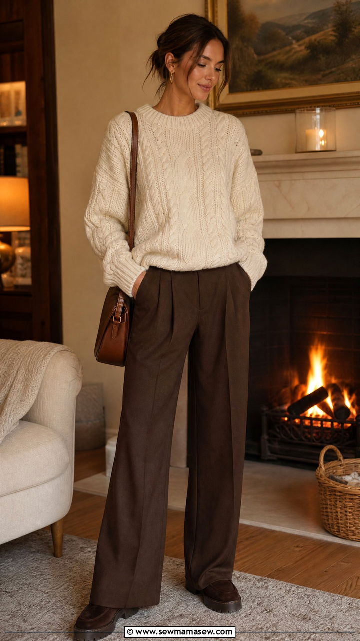 Chunky Cable Knit Cashmere Sweater with Chocolate Brown Trousers - 25 Old money outfit ideas with cashmere sweater