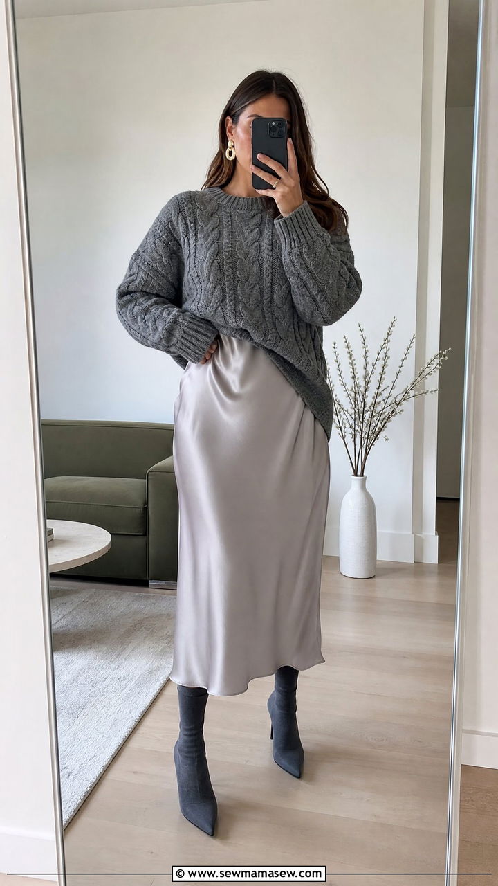 Chunky Cable Knit Sweater With A Satin Slip Skirt - 25 casual outfits for women with big bust