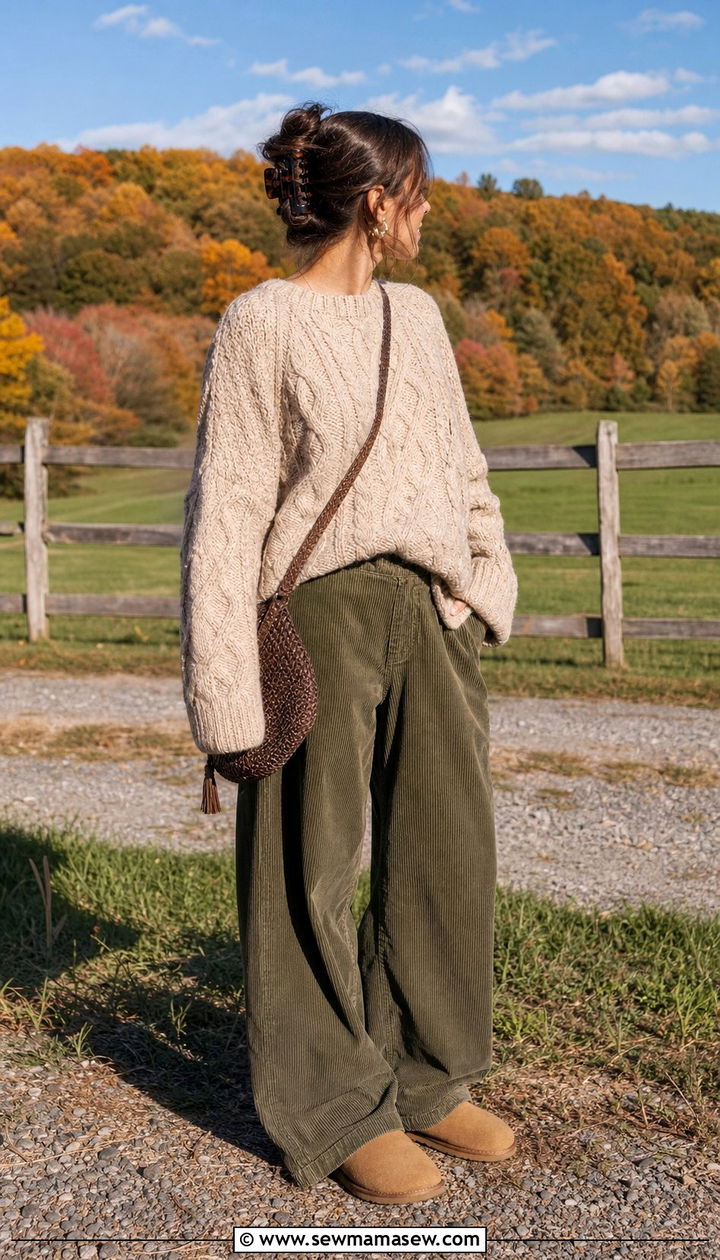Chunky Cable Knit Sweater With Corduroy Pants - 25 cute outfits inspo