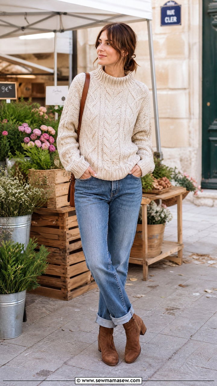 Chunky Cable Knit Sweater With Cuffed Jeans and Block Heel Boots - 30 French girl outfits 2026