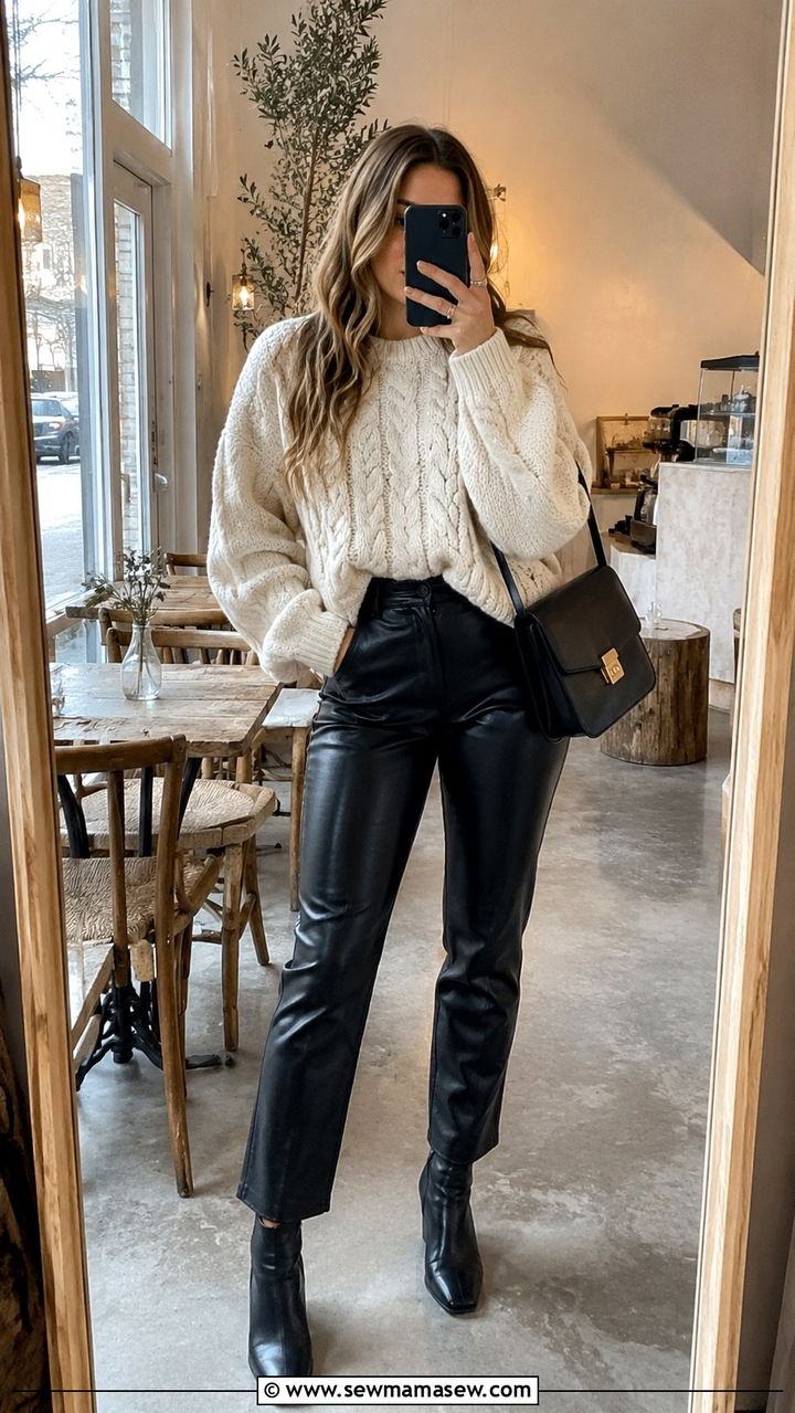 Chunky Cable Knit Sweater With Faux Leather Pants - 25 travel outfits aesthetic