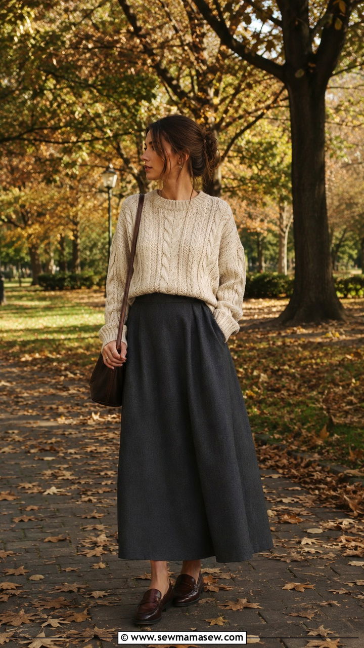 Chunky Cable Knit Sweater With Flowy Maxi Skirt and Loafers - 30 casual poetcore outfits