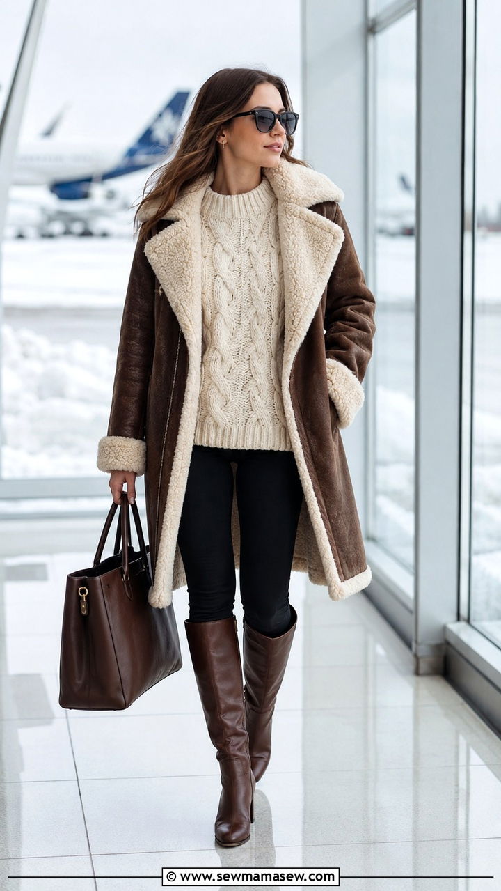 Chunky Cable Knit Sweater With Shearling Lined Coat and Knee High Boots - 30 Old money outfit ideas for airport