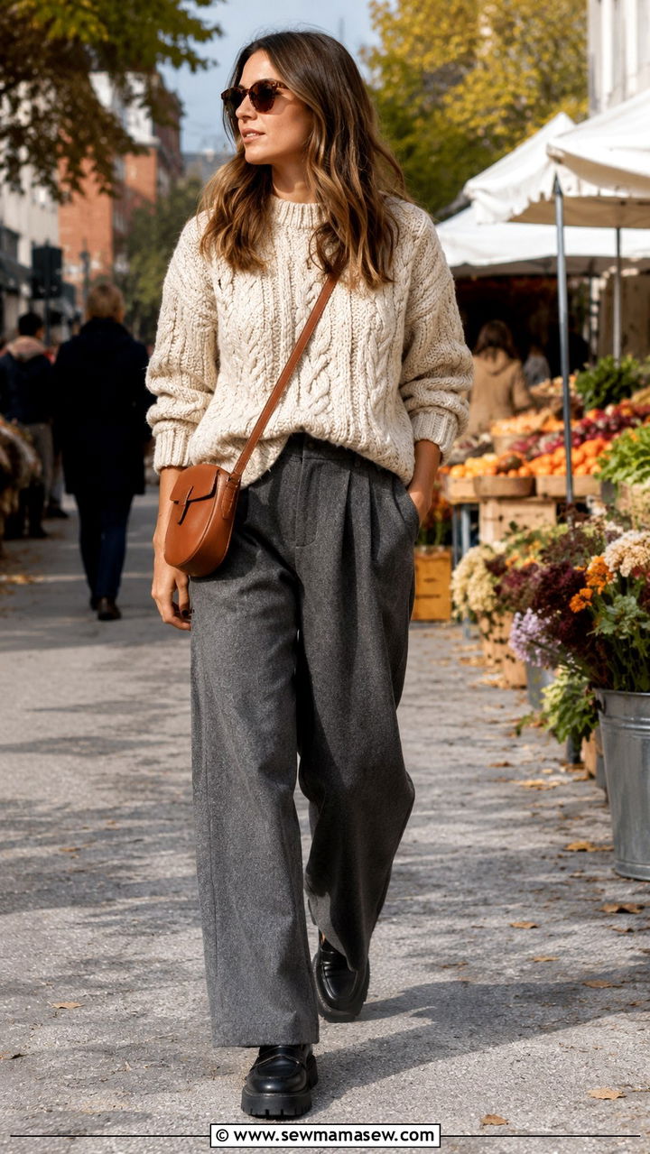 Chunky Cable Knit Sweater With Wide Leg Trousers - 25 Wide leg trousers outfit ideas with a sweater