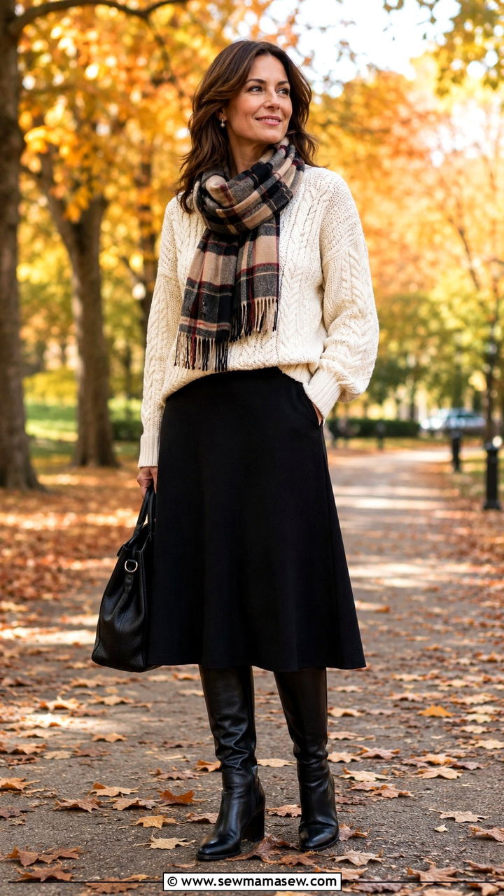 Chunky Cable Knit Sweater and A Line Midi Skirt with Riding Boots - 20 dark academia outfit ideas for women over 40