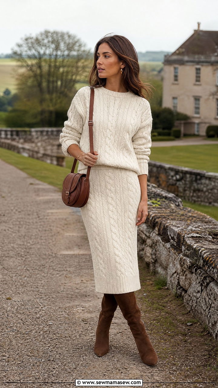 Chunky Cable Knit Sweater and Midi Skirt Set - 30 Matching set outfit ideas old money