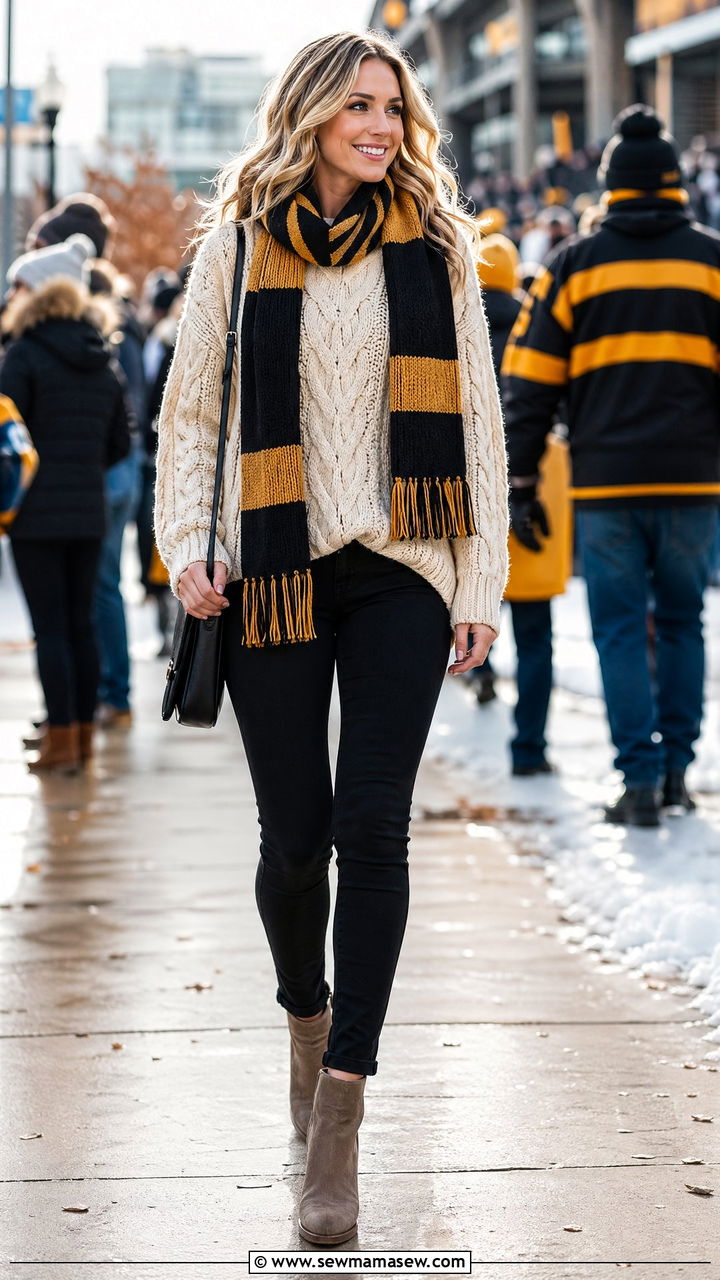 Chunky Cable Knit Sweater with Black Jeans and Booties - 35 Football game outfit ideas for women