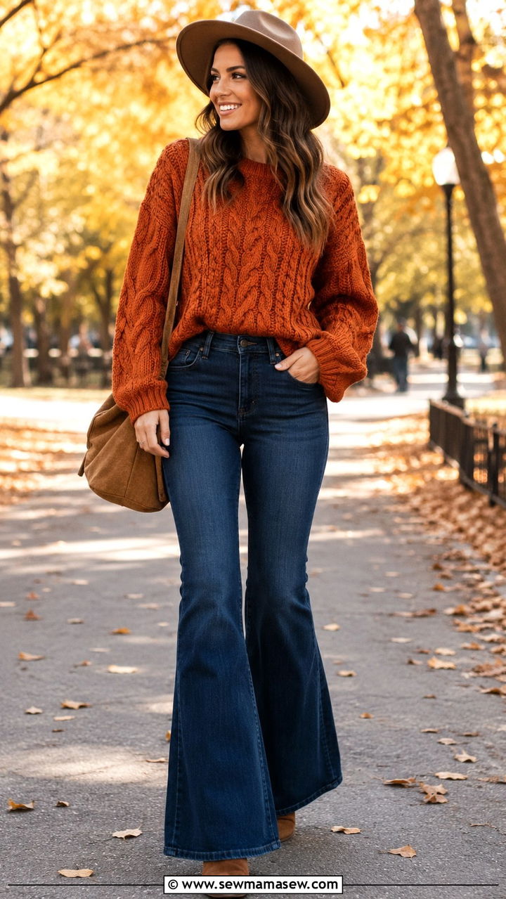 Chunky Cable Knit Sweater with Flared Jeans Fall Outfit - 25 Boho outfit ideas with flared jeans