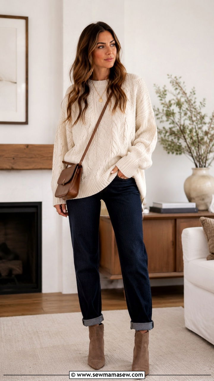 Chunky Cable Knit Sweater with Jeans - 25 Rich aunt outfit ideas