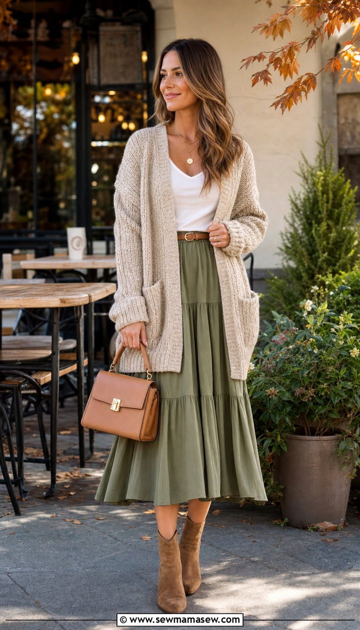 Chunky Cardigan And Tiered Midi Skirt - 35 boho outfit ideas for women
