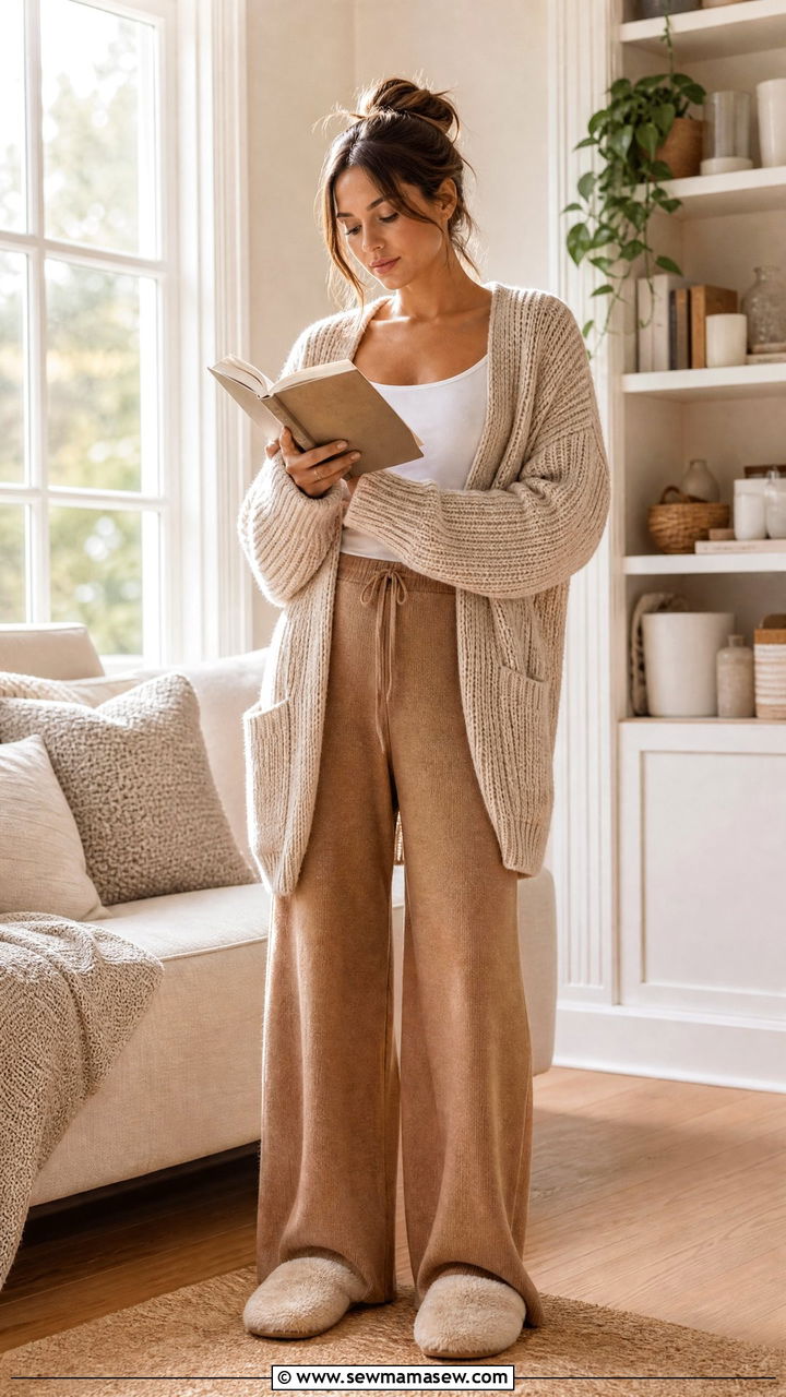 Chunky Cardigan And Wide Leg Pants - 30 Cozy reading outfit ideas