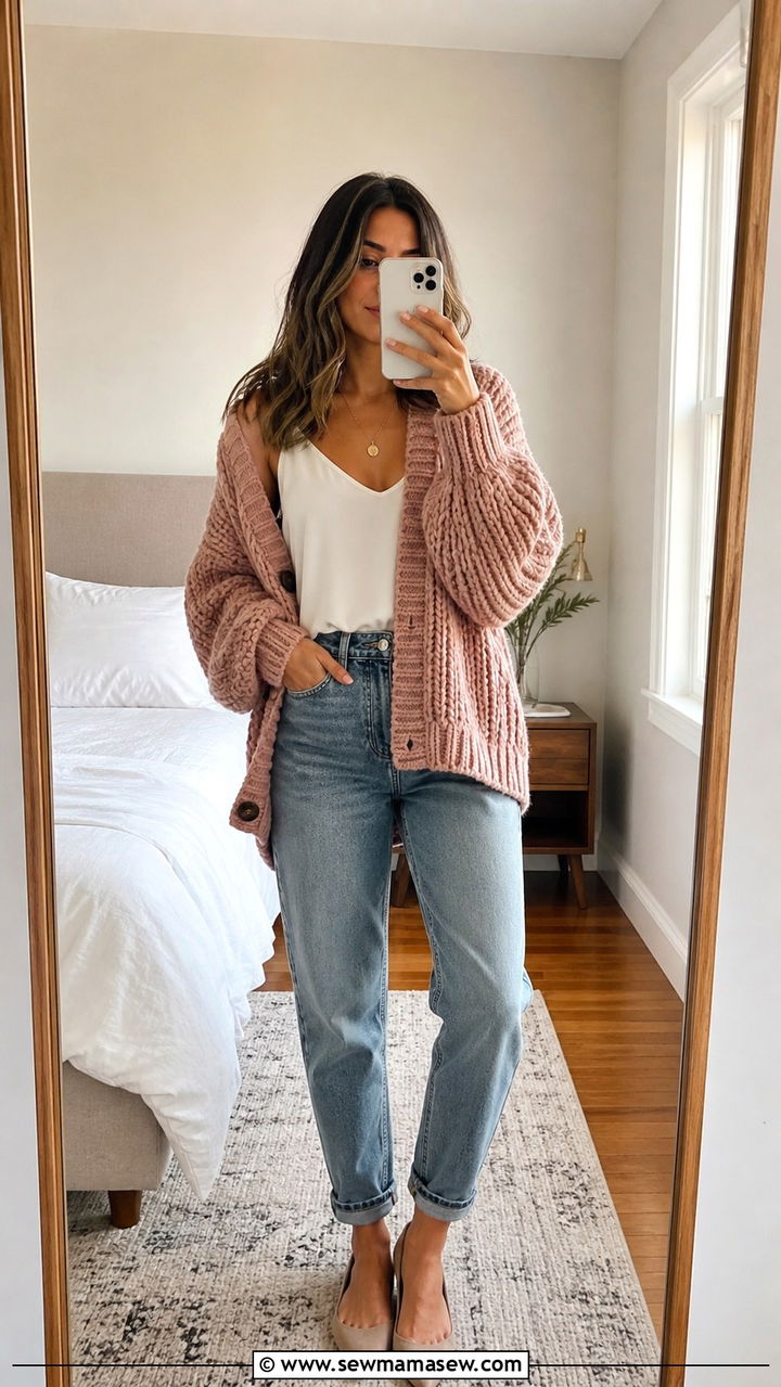 Chunky Cardigan Over Camisole And Mom Jeans Outfit - 40 Work from home outfit ideas