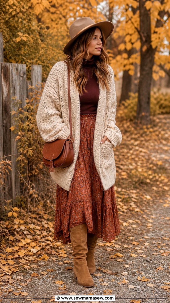 Chunky Cardigan Over Maxi Skirt - 40 Boho outfit ideas