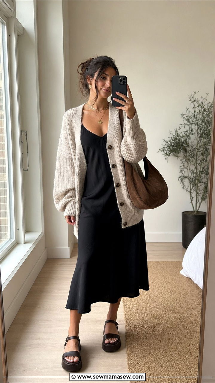 Chunky Cardigan Over Midi Slip Dress and Platform Sandals - 35 90s capsule wardrobe outfits
