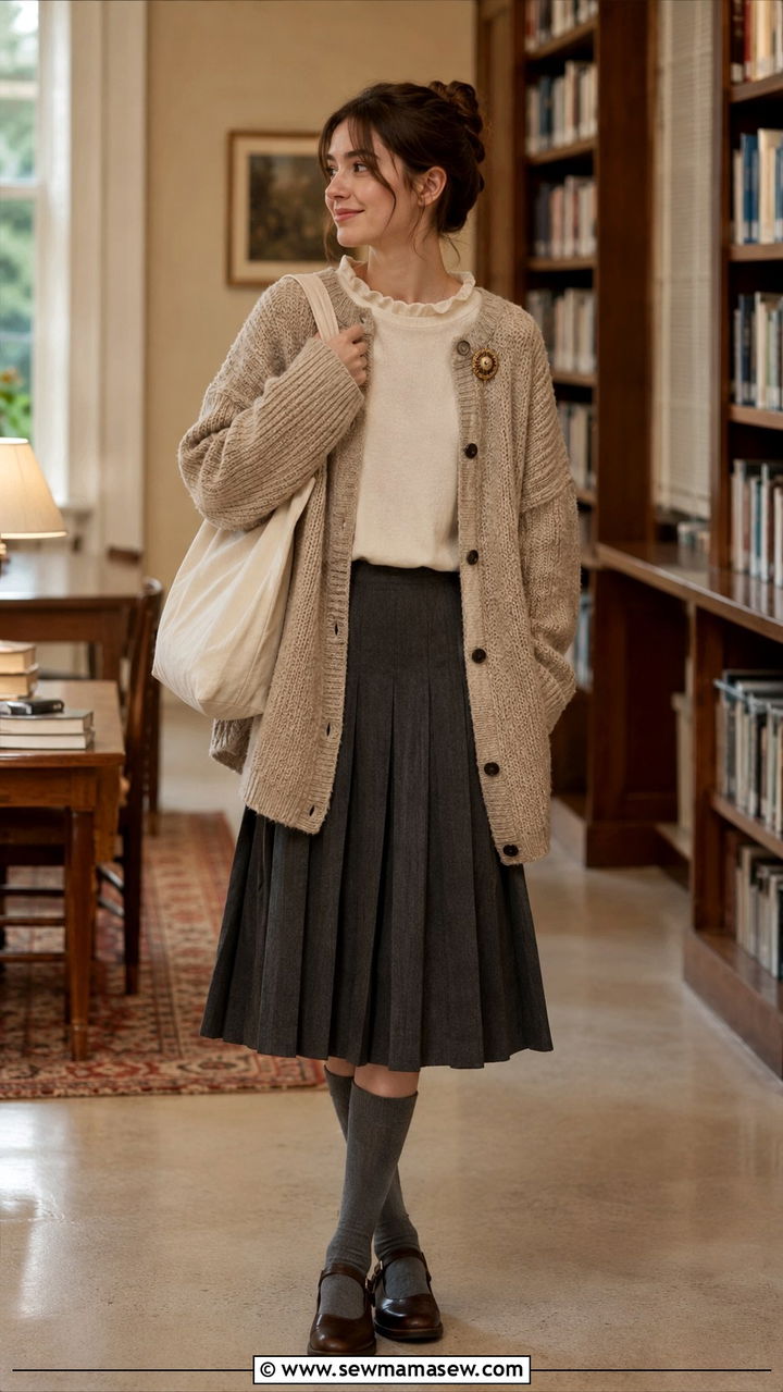 Chunky Cardigan Over Ruffle Collar Tee - 20 Poetcore outfit ideas 2026