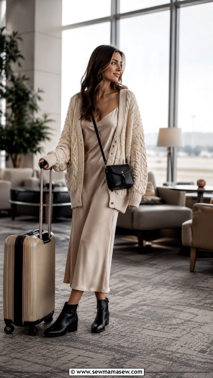 Chunky Cardigan Over Slip Dress With Ankle Boots - 20 How to style a cardigan for travel