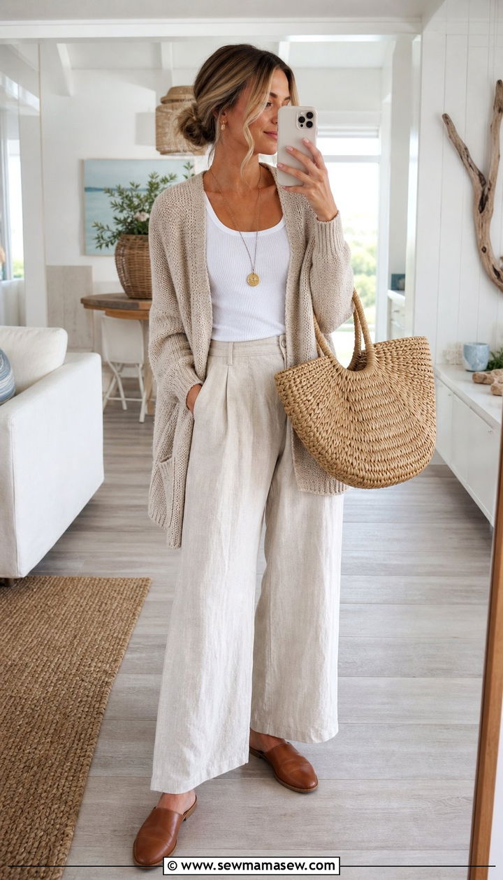 Chunky Cardigan Over a Tank Top and Linen Pants - 25 coastal grandmother outfits inspo