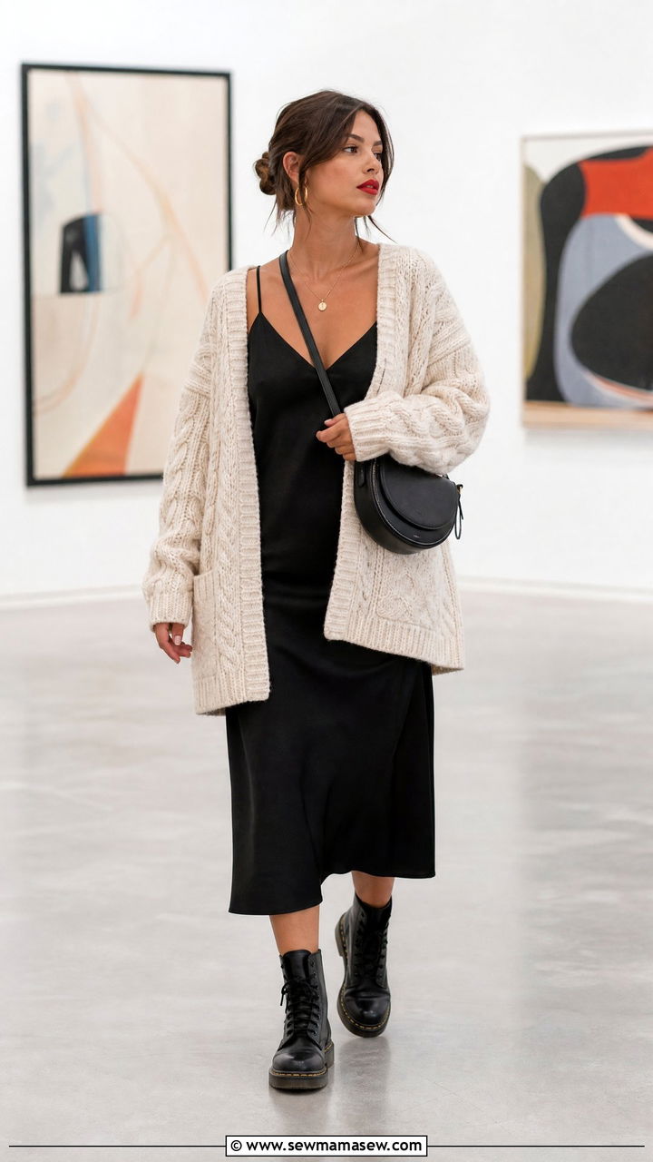 Chunky Cardigan Silk Slip Dress Red Lipstick - 25 French girl outfit ideas with red lipstick