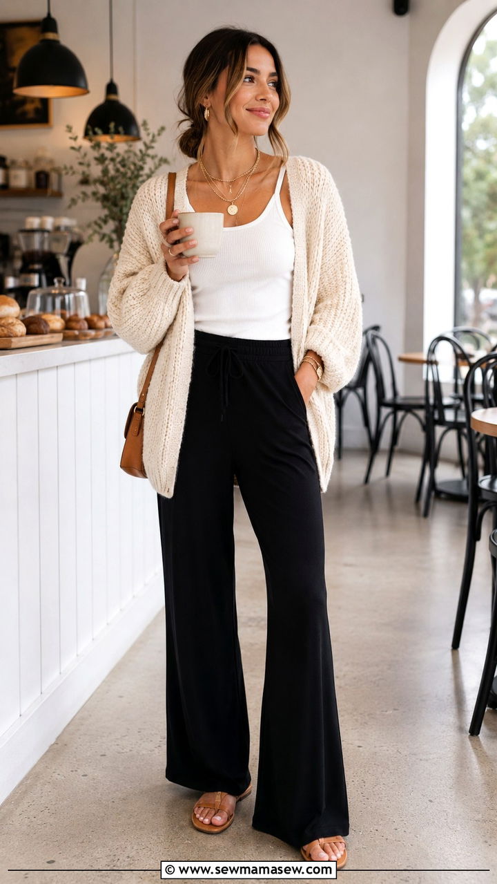 Chunky Cardigan Tank Top and Flared Lounge Pants - 30 Loungewear outfit ideas spring