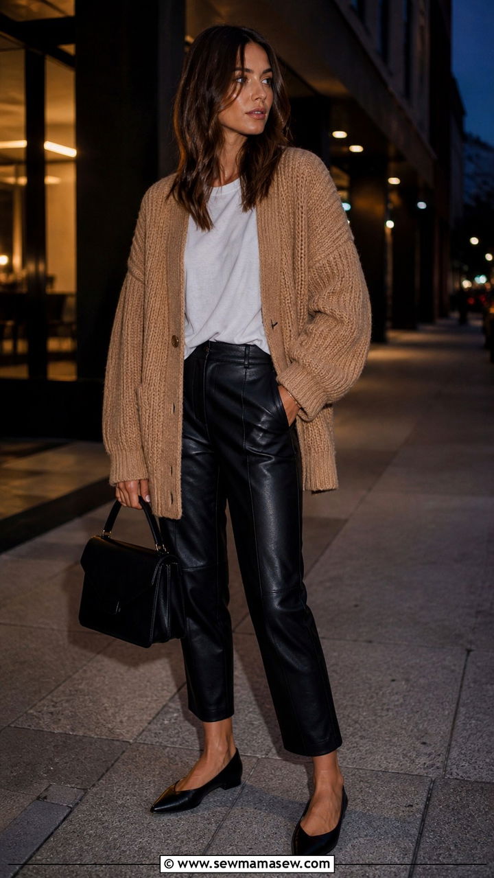 Chunky Cardigan With Black Leather Trousers - 40 Chic spring outfit ideas 2026