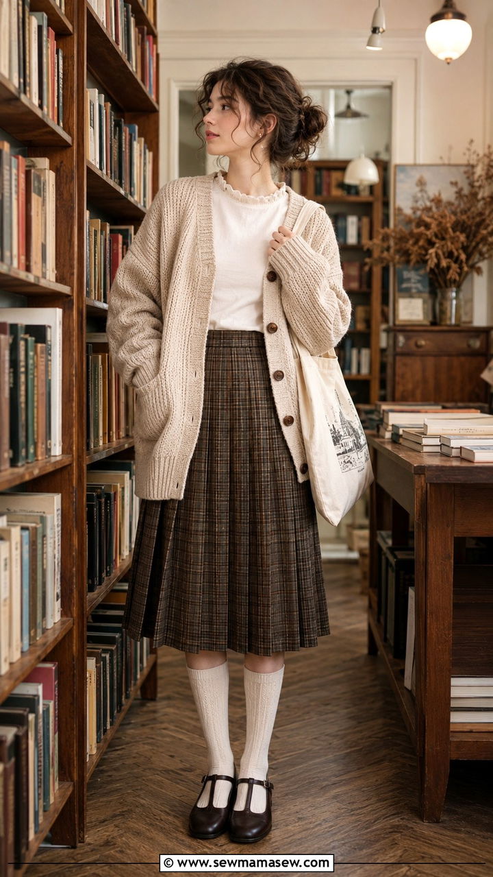 Chunky Cardigan With Ruffle Collar Tee And Pleated Skirt - 25 poetcore outfits ideas