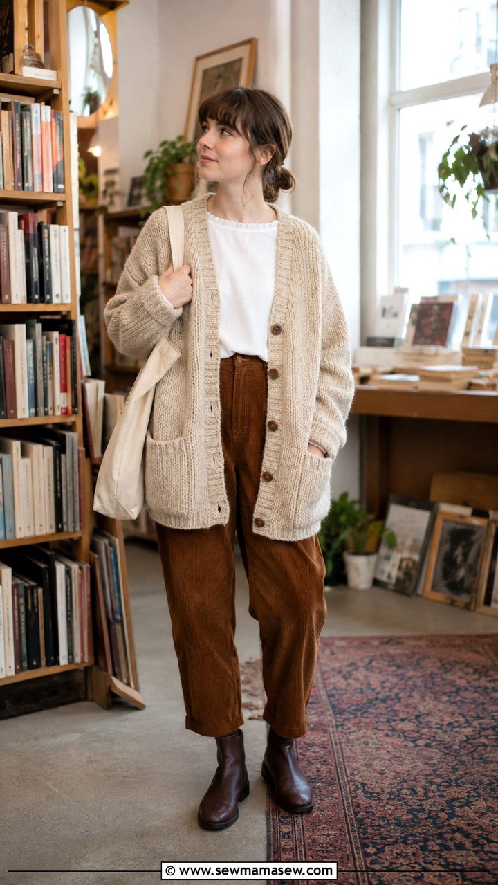Chunky Cardigan With Ruffle Collar Tee and Corduroy Pants - 20 Poetcore outfit ideas Dead Poets Society vibe